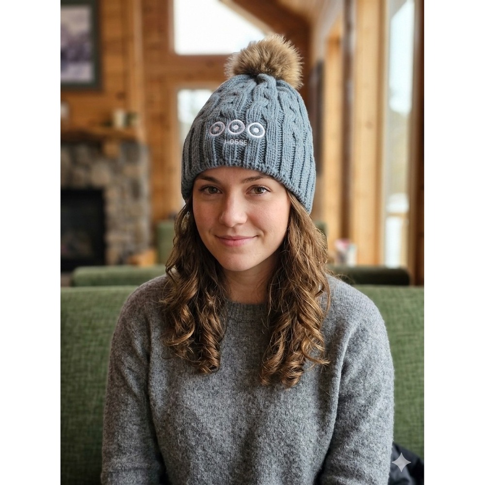 Gray One Size Cable Knit Beanie Faux Fur Pom Pom Hat Winter Warm Ribbed Promo